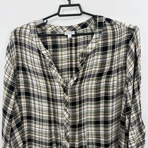 AVENUE Womens Flannel Plaid Button Up Shirt Size 30 Roll Tab Pin Tuck V-Neck - Picture 2 of 10